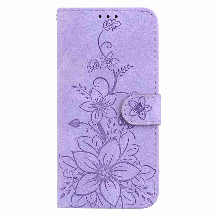 Purple embossed leather phone case for Samsung Galaxy A05, featuring card slots and kickstand functionality.